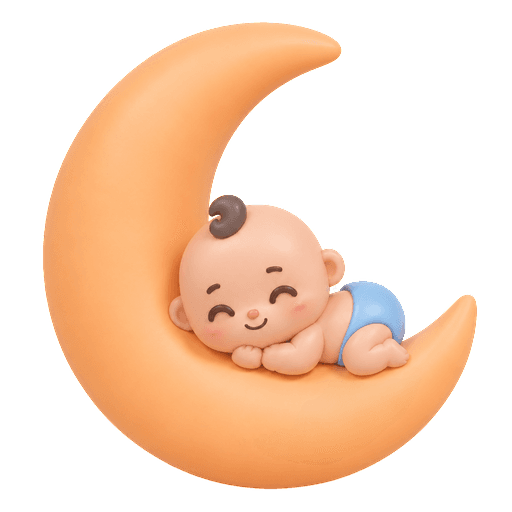 A clay-style baby asleep on a crescent moon